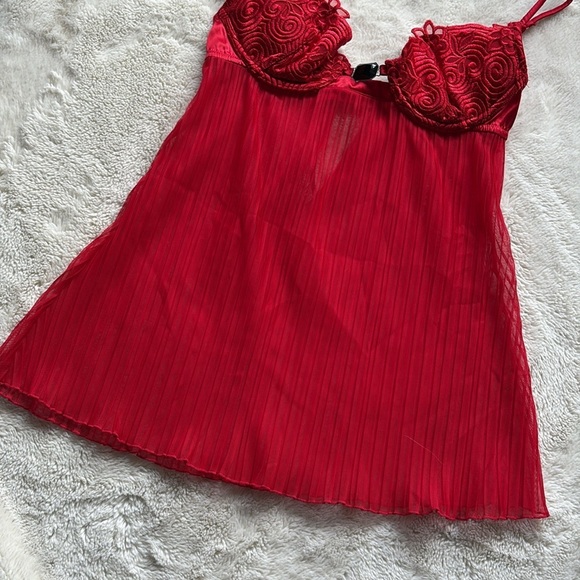 La Senza Y2K Red Sheer Babydoll Lingerie Pleated Mesh & Lace Bust Detail Small - Picture 3 of 6